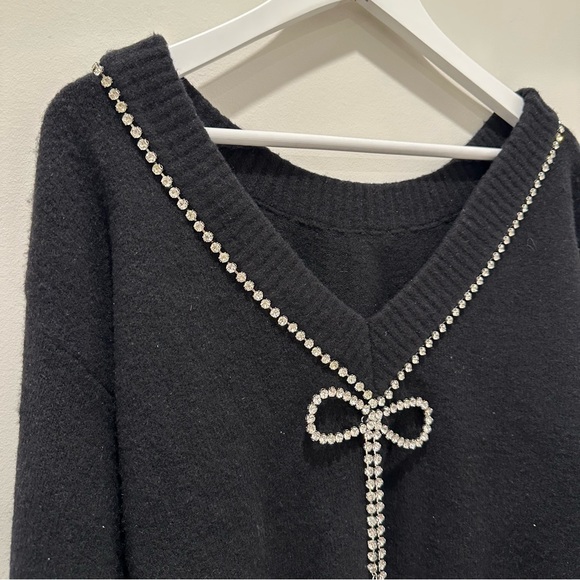 Express Rhinestone Bow Embellished Convertible Sweater Black Holiday New Years - Picture 14 of 15